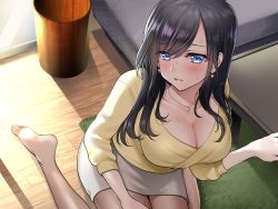 Rule 34 | 1girl, abe hikaru, absurdres, bad id, bad pixiv id, black hair, blue eyes, blush, breasts, cleavage, collarbone, commentary request, couch, ear piercing, earrings, highres, hikaru (gevp7588), indoors, jewelry, large breasts, lips, long hair, long sleeves, mature female, necklace, original, parted lips, piercing, shadow, sitting, skirt, solo, sunlight, sweat, sweater, table, trash can, wariza, white skirt, window, wooden floor, yellow sweater