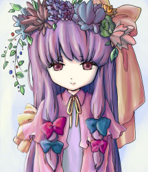 Rule 34 | 1girl, bow, colorized, female focus, flower, hat, long hair, patchouli knowledge, pink bow, purple eyes, purple hair, ribbon, solo, touhou