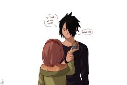 Rule 34 | 1boy, 1girl, bare shoulders, black hair, black shirt, black wristband, candle, ceejles, commentary, cupcake, english commentary, english text, food, hairband, haruno sakura, height difference, highres, holding, holding food, husband and wife, naruto: the last, naruto (series), off-shoulder shirt, off shoulder, pink hair, red hairband, shirt, shoulder blush, signature, uchiha sasuke