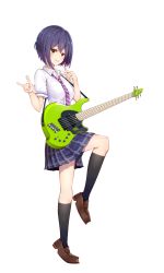 1girl absurdres bad_id bad_pixiv_id black_socks blue_skirt blush brown_footwear electric_guitar full_body guitar guitaro_(yabasaki_taro) highres instrument kneehighs loafers looking_at_viewer necktie nijisanji plaid_clothes plaid_skirt school_uniform shirt shizuka_rin shizuka_rin_(3rd_costume) shoes short_hair short_sleeves simple_background skirt socks solo standing standing_on_one_leg striped_necktie striped_neckwear virtual_youtuber white_background white_shirt yellow_eyes