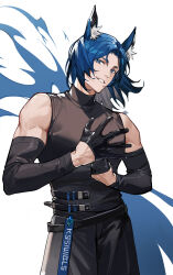 Rule 34 | 1boy, 52hezijing484, absurdres, animal ear fluff, animal ears, arknights, bare shoulders, belt, black gloves, black pants, black shirt, blue background, blue eyes, blue hair, detached sleeves, gloves, highres, horse ears, long sleeves, looking at viewer, male focus, pants, parted lips, roy (arknights), shirt, short hair, smile, solo, two-tone background, white background