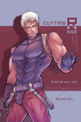 Rule 34 | 1boy, artist name, belt, black gloves, character name, cosplay, dark skin, dated, earrings, english text, gloves, highres, jewelry, krizalid, looking at viewer, male focus, pants, phy lucius, red eyes, red pants, rugal bernstein, rugal bernstein (cosplay), short hair, signature, sleeveless, solo, standing, tank top, the king of fighters, white hair