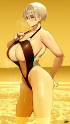 Rule 34 | 1girl, arm behind back, blonde hair, blue eyes, blush, breasts, c-kyuu, cleavage, clothes pull, highres, huge breasts, looking at viewer, multicolored clothes, multicolored swimsuit, navel, ocean, one-piece swimsuit, one-piece swimsuit pull, original, short hair, signature, sky, solo, swimsuit, wading