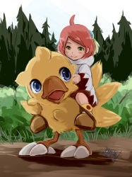 Rule 34 | 1girl, boots, chocobo, closed mouth, commentary request, final fantasy, final fantasy fables, gekkeiyou, grass, green eyes, highres, open mouth, pink hair, robe, shirma, short hair, smile, tree, white mage (final fantasy)