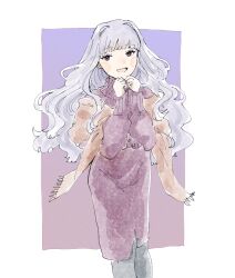 Rule 34 | 1girl, blush stickers, commentary, dress, feet out of frame, grey hair, highres, idolmaster, idolmaster (classic), long hair, looking at viewer, nekozuka (duka nkdk), open mouth, purple dress, purple eyes, scarf, shijou takane, smile, solo, symbol-only commentary