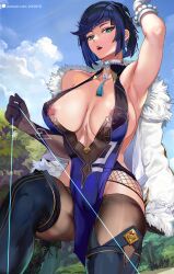 Rule 34 | 1girl, absurdres, areola slip, arm up, armpits, asymmetrical gloves, bare shoulders, black gloves, black pantyhose, blue footwear, blue hair, blue sky, breasts, cleavage, collarbone, diagonal bangs, elbow gloves, genshin impact, gloves, green eyes, highres, large breasts, looking at viewer, loooyd, mismatched gloves, outdoors, pantyhose, parted lips, patreon username, pelvic curtain, short hair, sky, thighs, white gloves, yelan (genshin impact)