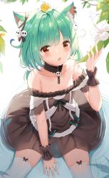 Rule 34 | 1girl, animal, animal ear fluff, animal ears, animal on head, bad id, bad pixiv id, bare shoulders, bird, black hair, blush, cat ears, chick, chintora0201, collarbone, commentary request, dress, ear piercing, flower, green hair, hair ornament, hand up, heart, heart in eye, highres, hololive, leaf, long hair, no panties, off-shoulder dress, off shoulder, on head, open mouth, patreon username, piercing, piyoko (uruha rushia), red eyes, saliva, see-through, short sleeves, sitting, skull hair ornament, solo, symbol in eye, thighhighs, uruha rushia, uruha rushia (3rd costume), virtual youtuber, water, white flower, white thighhighs, wrist cuffs