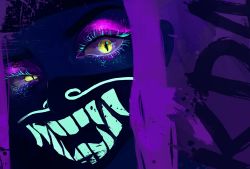Rule 34 | 1girl, akali, close-up, covered mouth, eyelashes, eyeshadow, highres, idol, inverted colors, k/da (league of legends), k/da akali, league of legends, long hair, looking at viewer, makeup, mask, mouth mask, pink hair, raised eyebrow, slit pupils, solo, ultraviolet light, usagi (3828164), yellow eyes