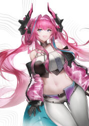 1girl absurdres aqua_hair arknights arknights:_endfield black_gloves blue_eyes breasts dutch_angle elevation_contour_lines gloves hair_intakes highres horns large_breasts linea_alba long_hair midriff multicolored_hair navel open_mouth pants pink_hair solo streaked_hair thigh_gap tight_clothes tight_pants twintails two-tone_hair very_long_hair white_pants yiyanbanshengchou yvonne_(arknights)