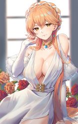 Rule 34 | 1girl, bare shoulders, breasts, cleavage, closed mouth, clothing cutout, collarbone, commentary, dress, earrings, english commentary, fingernails, flower, gem, girls&#039; frontline, glint, hand up, highres, indoors, jewelry, large breasts, long fingernails, long sleeves, looking at viewer, mole, mole on breast, mole under eye, nail polish, necklace, niac, official alternate costume, orange flower, orange hair, orange nails, orange rose, ots-14 (destined love) (girls&#039; frontline), ots-14 (girls&#039; frontline), pelvic curtain, red flower, red rose, rose, short hair with long locks, shoulder cutout, sidelocks, signature, sitting, smile, solo, white dress, window