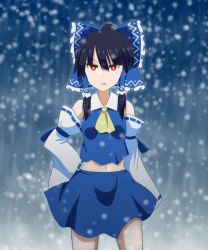 Rule 34 | 1girl, alternate color, ascot, bare shoulders, black hair, blue bow, blue skirt, bow, breasts, cato (monocatienus), commentary request, cowboy shot, detached sleeves, frilled bow, frills, hair between eyes, hair bow, hair tubes, hakurei reimu, hand on own hip, highres, looking at viewer, medium hair, midriff peek, navel, open mouth, player 2, red eyes, ribbon-trimmed sleeves, ribbon trim, skirt, small breasts, snow, snowing, solo, touhou, v-shaped eyebrows, yellow ascot