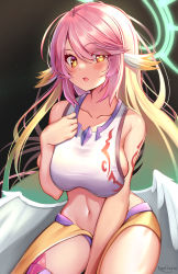 Rule 34 | 1girl, :o, artist name, blonde hair, blush, breasts, collarbone, spiked halo, gradient hair, green eyes, halo, highres, jibril (no game no life), kaptivate, large breasts, long hair, looking at viewer, low wings, midriff, multicolored hair, navel, no game no life, pink hair, seiza, sideboob, sitting, skindentation, solo, symbol-shaped pupils, tattoo, thighs, wing ears, wings, yellow eyes