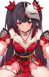 Rule 34 | 1girl, bare shoulders, bell, black hair, breasts, choker, cleavage, collarbone, commentary, detached sleeves, dress, fox mask, gold trim, hair ornament, highres, honkai: star rail, honkai (series), jingle bell, large breasts, long hair, looking at viewer, mask, mask on head, neck bell, obi, pak ce, pelvic curtain, pink eyes, red dress, sash, short dress, smile, solo, sparkle (honkai: star rail), thighs, twintails
