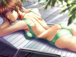 Rule 34 | 1girl, ass, back, backless outfit, bare back, breasts, brown hair, butt crack, chair, choker, collar, day, covered erect nipples, game cg, leaf, light rays, looking at viewer, looking back, lounge chair, lying, medium breasts, mikami yuuki, mikami yuuki (sodom no shima), nakamura nishiki, on stomach, one-piece swimsuit, outdoors, parted lips, pool, poolside, purple eyes, short hair, smile, sodom no shima, sodom no shima: night of blind, solo, sunbathing, sunbeam, sunlight, swimsuit