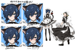 2boys alternate_costume animal_ears apron arms_behind_back black_dress black_footwear black_hair black_thighhighs blue_eyes blue_hair blush bow cat_ears closed_mouth crossdressing dress enmaided fake_animal_ears fake_tail hair_between_eyes hair_ornament hair_ribbon low_twintails maid maid_headdress male_focus mochizuki_ryouji mole mole_under_eye multiple_boys multiple_views open_mouth pantyhose persona persona_3 red_bow red_ribbon ribbon short_sleeves simple_background standing sweat tail tail_bow tail_ornament tamaon_2525 thighhighs translation_request trap twintails white_apron white_background white_pantyhose yuuki_makoto_(persona_3)