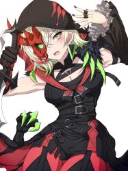Rule 34 | 1girl, breasts, cleavage, colored tips, dagger, diabellstar the black witch, duel monster, earrings, gloves, green eyes, green hair, grey hair, half mask, highres, holding, holding dagger, holding knife, holding weapon, hood, hood up, jewelry, knife, large breasts, long sleeves, low wings, mask, multicolored hair, pantyhose, red mask, red pantyhose, short hair, single glove, single sleeve, solo, tagme, takkayuuki, weapon, wings, yu-gi-oh!