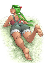 Rule 34 | 10s, 1girl, ass, barefoot, creatures (company), dark skin, feet, game freak, green eyes, green hair, mallow (pokemon), matching hair/eyes, nintendo, open mouth, overalls, pokemon, pokemon sm, soles, toes, trial captain, twintails