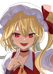 Rule 34 | 1girl, :d, amisu, arm up, ascot, fangs, flandre scarlet, hair between eyes, hand up, hat, highres, index finger raised, looking at viewer, mob cap, one side up, open mouth, portrait, red eyes, selfie, simple background, smile, solo, tongue, tongue out, touhou, upper body, white background, wings, yellow ascot