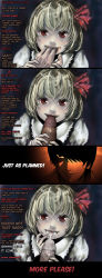 Rule 34 | 00s, 1boy, 1girl, absurdres, blonde hair, blood, cum, cum in mouth, death note, embodiment of scarlet devil, fellatio, good end, hard-translated, hetero, highres, just as planned (meme), meme, oral, penis, red eyes, ribbon, rumia, ryu (gaquarium), short hair, third-party edit, touhou, translated, uncensored, yagami light