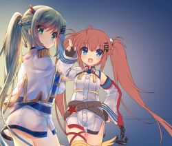Rule 34 | 2girls, ahoge, aiguillette, an shan (azur lane), anchor, annoyed, ass, azur lane, belt, blush, braid, breasts, brown hair, buttons, capelet, chain, closed mouth, cowboy shot, crossed arms, detached sleeves, dress, epaulettes, fingerless gloves, french braid, from side, frown, fu shun (azur lane), gloves, green hair, hair between eyes, hair ornament, hair ribbon, hairclip, hand on own hip, hand up, happy, high ponytail, lineart, long hair, long sleeves, looking at viewer, looking back, looking to the side, loose belt, military, military uniform, monochrome, multiple belts, multiple girls, open mouth, ponytail, ribbon, salute, shenbei xiaoqiu, short dress, side slit, sidelocks, simple background, small breasts, smile, standing, star (symbol), thigh strap, thighhighs, turtleneck, twintails, unfinished, uniform, v-shaped eyebrows, very long hair, wide sleeves, wings