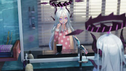 Rule 34 | 1girl, 20cnanmin, absurdres, bags under eyes, bathroom, blanket, blue archive, brushing teeth, demon horns, doodle sensei (blue archive), faucet, grey hair, hair between eyes, halo, highres, hina (blue archive), hina (pajamas) (blue archive), horns, long hair, looking at self, messy hair, official alternate costume, pajamas, pink pajamas, polka dot, polka dot pajamas, purple eyes, reflection, sensei (blue archive), sink, solo, standing, sticky note, toothbrush, very long hair