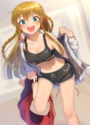 Rule 34 | 1girl, :d, black shorts, black sports bra, blue eyes, blurry, blurry background, blush, braid, breasts, brown hair, character name, cleavage, clothes writing, collarbone, commentary request, dolphin shorts, drawstring, dutch angle, feet out of frame, hair between eyes, hand up, highres, idolmaster, idolmaster million live!, indoors, jacket, kamille (vcx68), kousaka umi, leaning forward, leg up, light particles, long hair, long sleeves, looking at viewer, medium breasts, miniskirt, navel, off shoulder, open clothes, open jacket, open mouth, red skirt, short shorts, shorts, sidelocks, single bare shoulder, skirt, skirt around one leg, smile, solo, sports bra, standing, standing on one leg, stomach, teeth, twin braids, undressing, upper teeth only, white jacket