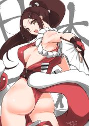 Rule 34 | 1girl, ass, breasts, brown eyes, brown hair, fatal fury, from behind, huge ass, large breasts, looking back, open mouth, ponytail, shiranui mai, solo, standing, wide hips