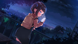 Rule 34 | 1girl, backpack, bag, black dress, black hair, black thighhighs, blue eyes, blush, brown shirt, cellphone, cityscape, cloud, dress, from behind, hair ornament, hairclip, highres, holding, horizon, ifnil, night, night sky, original, outdoors, phone, scenery, scrunchie, shirt, short hair, side ponytail, sky, smartphone, solo, star (sky), striped clothes, striped shirt, tears, thighhighs