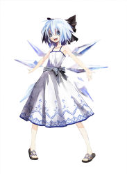 Rule 34 | 1girl, :d, alternate costume, banpai akira, bare shoulders, blue eyes, blue hair, bow, cirno, dress, full body, game cg, hair between eyes, hair bow, ice, ice wings, koumajou densetsu, koumajou densetsu 1, looking at viewer, matching hair/eyes, non-web source, open mouth, outstretched arms, ribbon, sandals, short hair, sleeveless, sleeveless dress, smile, solo, spread arms, striped, sundress, touhou, white dress, wings
