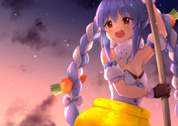Rule 34 | 1girl, ame., arm up, black gloves, blue hair, blush, bow, braid, breasts, breath, brown eyes, carrot hair ornament, cauldron, cleavage, cloud, commentary request, don-chan (usada pekora), dress, food-themed hair ornament, fur-trimmed gloves, fur trim, getting over it, gloves, grey bow, hair between eyes, hair bow, hair ornament, hammer, highres, holding, hololive, in cauldron, in pot, long hair, looking away, looking to the side, multicolored hair, outdoors, pot, short eyebrows, sidelocks, sky, sledgehammer, small breasts, star (sky), starry sky, strapless, strapless dress, sunset, thick eyebrows, twin braids, twintails, two-tone hair, usada pekora, usada pekora (1st costume), very long hair, virtual youtuber, white dress, white hair
