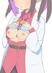 Rule 34 | 1girl, belt, blue bra, bra, bra lift, breast focus, breasts, breasts out, coat, female focus, head out of frame, highres, lab coat, long hair, medium breasts, morisobo, nipples, onii-chan wa oshimai!, open clothes, open shirt, oyama mihari, purple hair, red shirt, shirt, simple background, solo, standing, underwear, white background, white coat