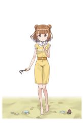 Rule 34 | 1girl, barefoot, beatrice (princess principal), brown hair, double bun, feet, footprints, full body, hair bun, hand up, highres, looking at viewer, official art, princess principal, princess principal game of mission, sand, seashell, shell, shirt, short hair, shorts, smile, solo, standing, toes, tools, transparent background, yellow shirt, yellow shorts