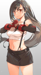 Rule 34 | 1girl, absurdres, bare shoulders, black hair, black skirt, blush, breasts, brown eyes, closed mouth, collarbone, commentary request, crop top, earrings, final fantasy, final fantasy vii, fingerless gloves, gloves, gradient background, grey background, hair between eyes, highres, jewelry, long hair, looking at viewer, medium breasts, michairu, midriff, navel, palm-fist greeting, red gloves, skirt, smile, solo, square enix, standing, suspender skirt, suspenders, swept bangs, tank top, tifa lockhart, very long hair, white background, white tank top