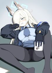 Rule 34 | 1girl, animal ear fluff, animal ears, armband, black jacket, black pantyhose, blonde hair, blue archive, blue eyes, blue shirt, blush, breasts, commentary request, cup, extra ears, gloves, hair over one eye, halo, highres, holding, holding cup, jacket, kanna (blue archive), large breasts, long hair, long sleeves, looking away, lying, mabera, necktie, panties, panties under pantyhose, pantyhose, shirt, skirt, sweatdrop, teeth, underwear
