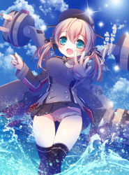 Rule 34 | 10s, 1girl, :d, anchor hair ornament, anju (meipurusanchi), black ribbon, black skirt, black thighhighs, blonde hair, blue eyes, blue sky, blush, cloud, gloves, hair ornament, hair ribbon, hat, impossible clothes, kantai collection, lens flare, long hair, long sleeves, machinery, microskirt, military, military uniform, open mouth, outstretched arm, over-kneehighs, panties, pantyshot, peaked cap, pleated skirt, prinz eugen (kancolle), ribbon, skirt, sky, smile, solo, standing, sun, thighhighs, turret, twintails, underwear, uniform, wading, water, white gloves, white panties