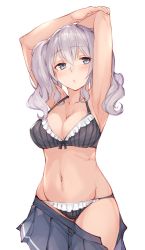 Rule 34 | 1girl, armpits, arms up, black bra, black panties, blue eyes, blush, bra, breasts, cleavage, clothes pull, collarbone, cowboy shot, fumikiri, highres, kantai collection, kashima (kancolle), looking at viewer, medium breasts, navel, panties, parted lips, pleated skirt, silver hair, simple background, skindentation, skirt, solo, stomach, striped bra, striped clothes, striped panties, twintails, underwear, unworn skirt, upper body, white background