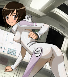 Rule 34 | 00s, 1girl, ass, bent over, black hair, blush, bob cut, bodysuit, breasts, brown eyes, brown hair, cockpit, covered erect nipples, from behind, haruyama kazunori, indoors, light, looking back, morita yukari, parted bangs, pussy, rocket girls, see-through, shiny clothes, short hair, skin tight, smile, solo, spacesuit, spandex