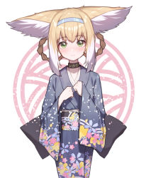 Rule 34 | 1girl, absurdres, animal ear fluff, animal ears, arknights, beudelb, black kimono, blonde hair, blue hairband, blush, braid, braided hair rings, closed mouth, commentary, floral print, fox ears, green eyes, hair rings, hairband, hands up, highres, infection monitor (arknights), japanese clothes, kimono, long sleeves, looking at viewer, obi, print kimono, sash, sleeves past wrists, solo, suzuran (arknights), twin braids, white background, wide sleeves
