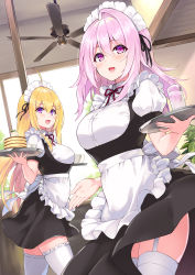 Rule 34 | 2girls, :d, ahoge, alternate costume, apron, black dress, black ribbon, blonde hair, blush, breasts, ceiling fan, commentary request, cowboy shot, cu-no, cup, day, dress, drinking glass, dutch angle, enmaided, frilled apron, frills, garter straps, hair between eyes, hair intakes, hair ornament, hair ribbon, hairclip, hakurei botan, hand up, hisen kaede, holding, holding tray, indoors, large breasts, long hair, looking at viewer, maid, maid apron, maid headdress, multiple girls, open mouth, pink hair, plant, puffy short sleeves, puffy sleeves, purple eyes, ribbon, short sleeves, sidelocks, smile, standing, thighhighs, tray, water, white apron, white legwear, window, yayoi sakura