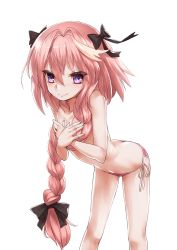 Rule 34 | 1boy, astolfo (fate), bikini, bikini bottom only, blush, braid, butt crack, covering privates, covering breasts, fate/apocrypha, fate (series), hair over shoulder, hair ribbon, highres, leaning forward, long hair, looking at viewer, male focus, panties, pink hair, purple eyes, ribbon, rin2008, topless male, side-tie bikini bottom, single braid, smile, solo, swimsuit, trap, underwear
