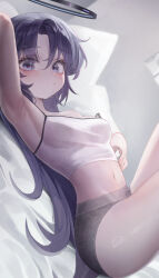 Rule 34 | 1girl, absurdres, alternate costume, arm up, armpits, bed, bed sheet, black panties, blue archive, blush, breasts, camisole, commentary request, crop top, halo, highres, indoors, klakmon, knees up, looking at viewer, lying, mechanical halo, medium breasts, navel, on back, panties, presenting armpit, purple eyes, purple hair, solo, stomach, sweat, thighs, underwear, underwear only, white camisole, yuuka (blue archive)
