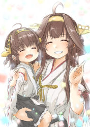 Rule 34 | 2girls, absurdres, ahoge, black skirt, brown hair, carrying, child, closed eyes, detached sleeves, double bun, facing viewer, frilled skirt, frills, fyuo, grin, hair bun, hairband, hakama, hakama short skirt, hakama skirt, headgear, highres, if they mated, japanese clothes, jewelry, kantai collection, kongou (kancolle), long hair, mother and daughter, multiple girls, ribbon-trimmed sleeves, ribbon trim, ring, short hair, skirt, smile, wedding band, white background