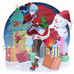 Rule 34 | 1girl, absurdres, bell, belt, black belt, black choker, black thighhighs, blue eyes, blue hair, boots, bow, box, capelet, choker, christmas, christmas tree, dress, full body, fur trim, gift, gift box, gloves, grin, hair ornament, hat, highres, holding, holding sack, hololive, hoshimachi suisei, index finger raised, one eye closed, pom pom (clothes), raeis, sack, santa boots, santa costume, santa dress, santa gloves, santa hat, smile, snowman, solo, standing, standing on one leg, teeth, thighhighs, virtual youtuber, zettai ryouiki