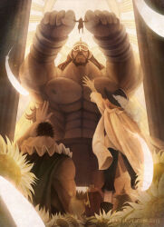 Rule 34 | 6+boys, beard, cape, cavendish, crown, facial hair, flower, from behind, giant, god usopp, hajrudin, hand up, hat, leo (one piece), light rays, looking at another, multiple boys, one piece, sai (one piece), sunbeam, sunlight, sword, usopp, weapon