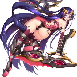 Rule 34 | 1girl, absurdres, armor, ass, black panties, blue eyes, boots, butt crack, cameltoe, cleft of venus, fat mons, from behind, glasses, hair ornament, high heels, highres, holding, holding weapon, lingerie, long hair, looking at viewer, lucknight, original, panties, purple hair, semi-rimless eyewear, shorts, smile, solo, sword, thighhighs, thighs, underwear, very long hair, weapon