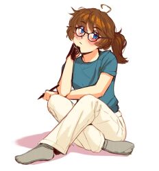 Rule 34 | 1girl, ahoge, bare arms, black-framed eyewear, black gloves, blue eyes, blue shirt, blush, brooke (mleth), brown hair, commentary, crossed legs, english commentary, expressionless, freckles, full body, glasses, gloves, grey socks, head rest, head tilt, holding, holding pen, indian style, looking at viewer, medium hair, mleth, no shoes, original, pants, pen, shirt, short ponytail, short sleeves, side ponytail, simple background, single glove, sitting, socks, solo, white background, white pants