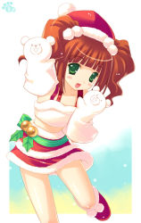 Rule 34 | 00s, 1girl, bad id, bad pixiv id, brown hair, child, christmas, female focus, gradient background, green eyes, idolmaster, idolmaster (classic), mame-p, puppet, santa costume, solo, takatsuki yayoi, twintails