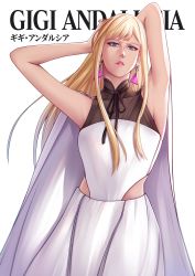 Rule 34 | 1girl, absurdres, blonde hair, blue eyes, blueriest, capelet, dress, earrings, flat chest, gigi andalusia, gundam, gundam hathaway&#039;s flash, hair behind ear, highres, jewelry, lips, long hair, looking at viewer, solo, triangle earrings, white background, white capelet, white dress