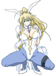 Rule 34 | 1girl, animal ears, artoria pendragon (all), artoria pendragon (fate), artoria pendragon (swimsuit ruler) (fate), bare shoulders, blonde hair, breasts, cleavage, commentary request, detached collar, fake animal ears, fate/grand order, fate (series), full body, gluteal fold, green eyes, hair between eyes, high heels, highres, kiriya (aprikose 0312), large breasts, leotard, long hair, looking at viewer, navel, pantyhose, playboy bunny, ponytail, rabbit ears, simple background, solo, white background