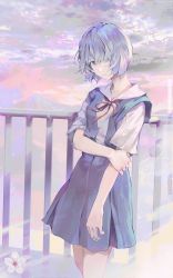 Rule 34 | 1girl, absurdres, ayanami rei, blue hair, closed mouth, hair over one eye, highres, holding own arm, huge filesize, kyuuba melo, looking at viewer, neck ribbon, neon genesis evangelion, red eyes, red ribbon, ribbon, school uniform, short hair, short sleeves, skirt, solo, standing, suspender skirt, suspenders, tokyo-3 middle school uniform